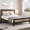 Queen Industrial Metal Wood Rivet Platform Bed Frame w/ Headboard and Footboard