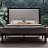 Full size Black Metal Platform Bed Frame with Grey Linen Upholstered Headboard