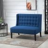 Scandinavian 2 Seater Button Tufted Loveseat Wooden Legs Blue Linen