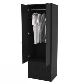 Black Bedroom Armoire with Hanging Rod and 2-Drawers