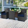 Patio Furniture Dining Set Brown Rattan with Navy Blue Cushions