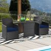 Patio Furniture Dining Set Brown Rattan with Navy Blue Cushions