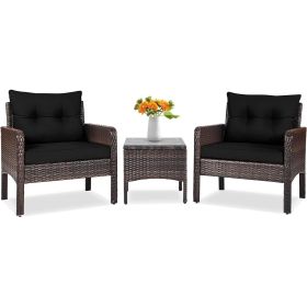 Brown Rattan Outdoor Dining Patio Furniture Set with Black Cushions