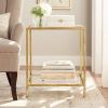 Square Accent End Table with Gold Metal Frame, Glass Top and Bottom Shelf