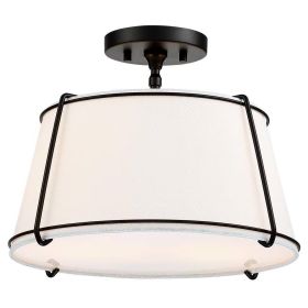 2-Light Round 15-inch White Drum Ceiling Light w/ Black Metal