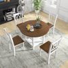 Round Drop Leaf Dining Table Set with 4 Chairs in White/Walnut Wood Finish