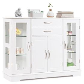 White Wood Sideboard Cabinet with Glass Display Doors