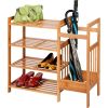 4-Shelf Bamboo Shoe Rack and Umbrella Holder Metal Frame and Brown Wood Top