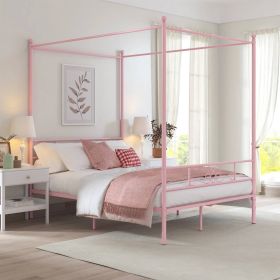 Full size French Country Style Four Poster Metal Canopy Bed in Pink Finish