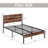 Full size Modern Farmhouse Metal Platform Bed Frame with Brown Wood Headboard