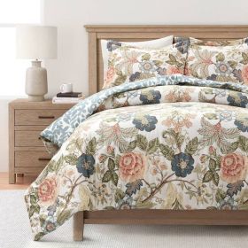 Full/Queen Floral Country Cottage Blue Green Coral Beige 3 Piece Comforter Set