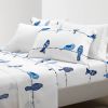 6 Piece Full size Sheet Set Blue White Floral Birds on Wire