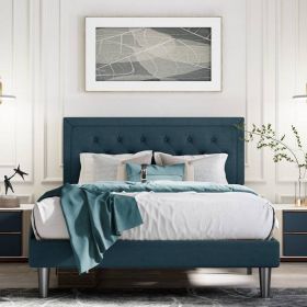 Full Size Adjustable Height Platform Bed Frame with Blue Upholstered Headboard