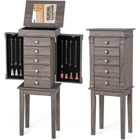 5-Drawer Jewelry Armoire with Top Mirror in Grey Wood Finish