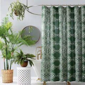 Shower Curtain with Green White Geometric Motif Pattern