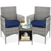 Grey Wicker Outdoor Patio Furniture Dining Set w/ Navy Blue Cushions