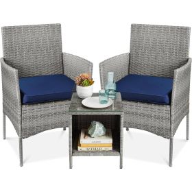 Grey Wicker Outdoor Patio Furniture Dining Set w/ Navy Blue Cushions