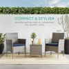 Grey Wicker Outdoor Patio Furniture Dining Set w/ Navy Blue Cushions