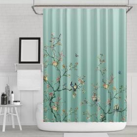 Floral Tree Bird Butterfly Japanese Style Shower Curtain in Teal Blue Green