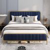 King Gold Metal Platform Bed Frame with Navy Blue Velvet Upholstered Headboard