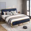 King Gold Metal Platform Bed Frame with Navy Blue Velvet Upholstered Headboard