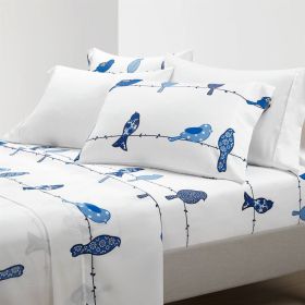 6 Piece King size Sheet Set in Blue White Floral Birds on Wire