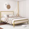 King size Gold Metal Platform Bed Frame with Beige White Upholstered Headboard