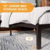 King Black Metal Platform Bed Frame with Tall Grey Linen Upholstered Headboard