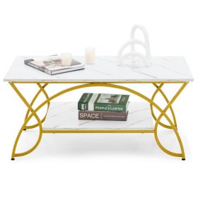 Modern White Faux Marble 2 Tier Coffee Table with Gold Finish