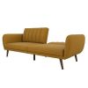 Mustard Linen Upholstered Futon Sofa Bed with Mid-Century Style Wooden Legs