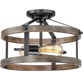 Round 13-inch Metal Wood Farmhouse 2-Light Ceiling Lamp