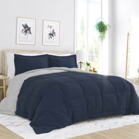 Full/Queen 3-Piece Microfiber Reversible Comforter Set in Navy Blue and Grey