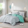 Full/Queen Reversible Comforter Set with Grey White Aqua Teal Chevron Pattern