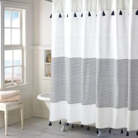 Navy and White Striped Cotton Shower Curtain