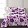 Full/Queen Purple Grey Flowers Lightweight Polyester Microfiber Quilt Set