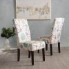 Set of 2 Beige Cream Teal Blue Floral Fabric Dining Chair with Wood Legs