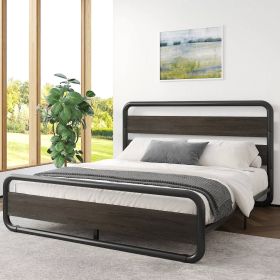 Queen Metal Frame Platform Bed with Black Wood Panel Headboard