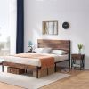 Queen Industrial Platform Bed Frame with Brown Wood Slatted Headboard Footboard