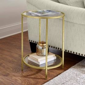 Round Accent End Table with Gold Metal, Glass Top and Bottom Shelf