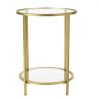 Round Accent End Table with Gold Metal, Glass Top and Bottom Shelf