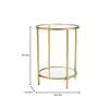 Round Accent End Table with Gold Metal, Glass Top and Bottom Shelf