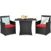 Patio Furniture Dining Set in Brown Rattan with Red Cushions