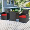 Patio Furniture Dining Set in Brown Rattan with Red Cushions