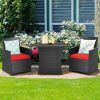 Patio Furniture Dining Set in Brown Rattan with Red Cushions