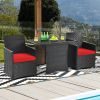 Patio Furniture Dining Set in Brown Rattan with Red Cushions