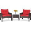 Brown Rattan Outdoor Dining Patio Furniture Set with Red Cushions