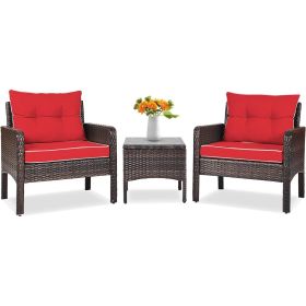 Brown Rattan Outdoor Dining Patio Furniture Set with Red Cushions