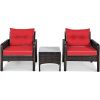 Brown Rattan Outdoor Dining Patio Furniture Set with Red Cushions