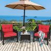 Brown Rattan Outdoor Dining Patio Furniture Set with Red Cushions