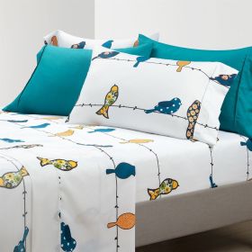 6 Piece Queen size Sheet Set in Teal Yellow White Floral Birds on Wire